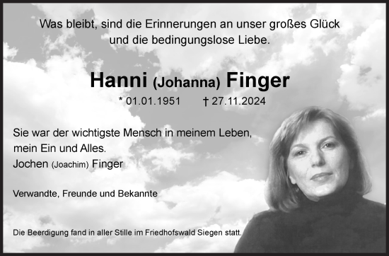 Traueranzeige von Johanna Finger von Siegener Zeitung