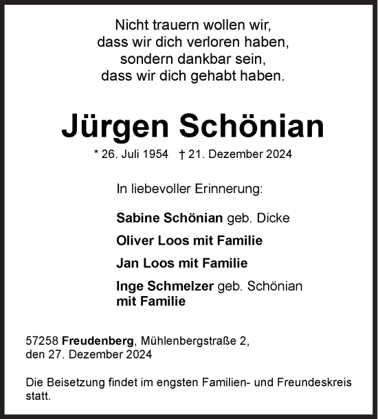 Traueranzeige von Jürgen Schönian von Siegener Zeitung
