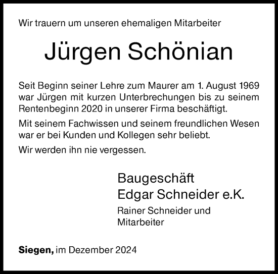 Traueranzeige von Jürgen Schönian von Siegener Zeitung
