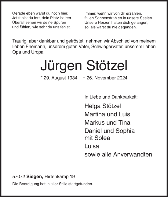 Traueranzeige von Jürgen Stötzel von Siegener Zeitung