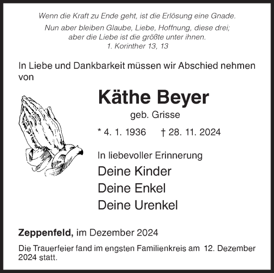 Traueranzeige von Käthe Beyer von Siegener Zeitung