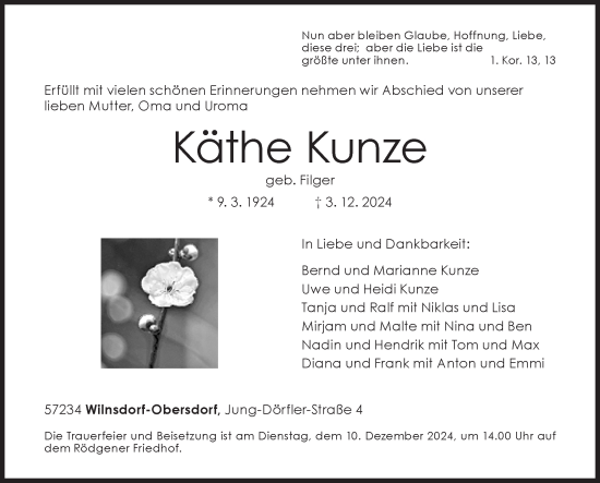 Traueranzeige von Käthe Kunze von Siegener Zeitung