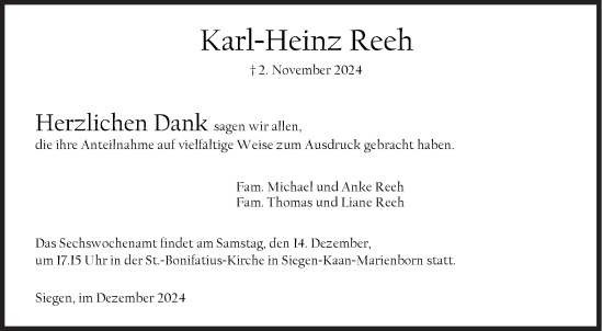 Traueranzeige von Karl-Heinz Reeh von Siegener Zeitung