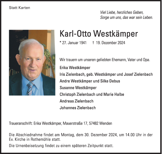 Traueranzeige von Karl-Otto Westkämper von Siegener Zeitung