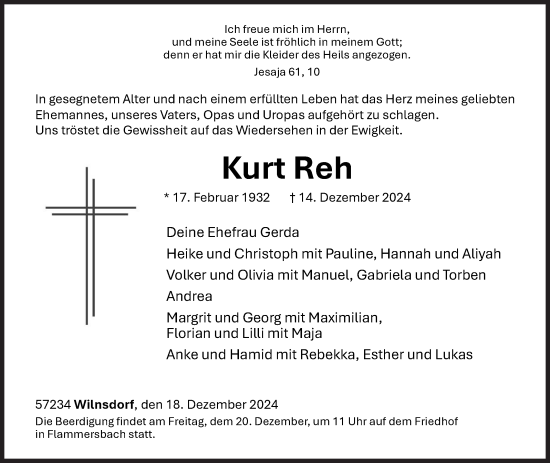 Traueranzeige von Kurt Reh von Siegener Zeitung