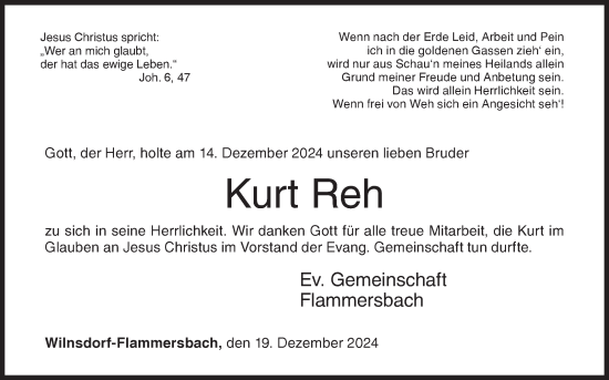 Traueranzeige von Kurt Reh von Siegener Zeitung