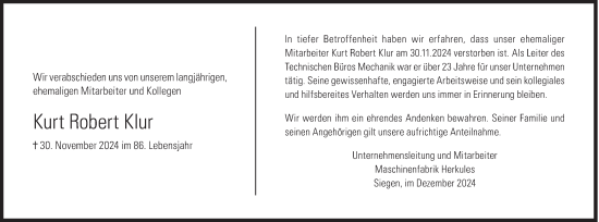 Traueranzeige von Kurt Robert Klur von Siegener Zeitung