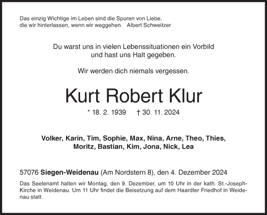 Traueranzeige von Kurt Robert Klur von Siegener Zeitung