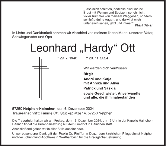 Traueranzeige von Leonhard Ott von Siegener Zeitung