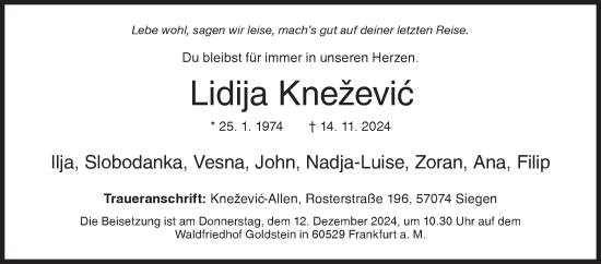 Traueranzeige von Lidija Kneževic von Siegener Zeitung
