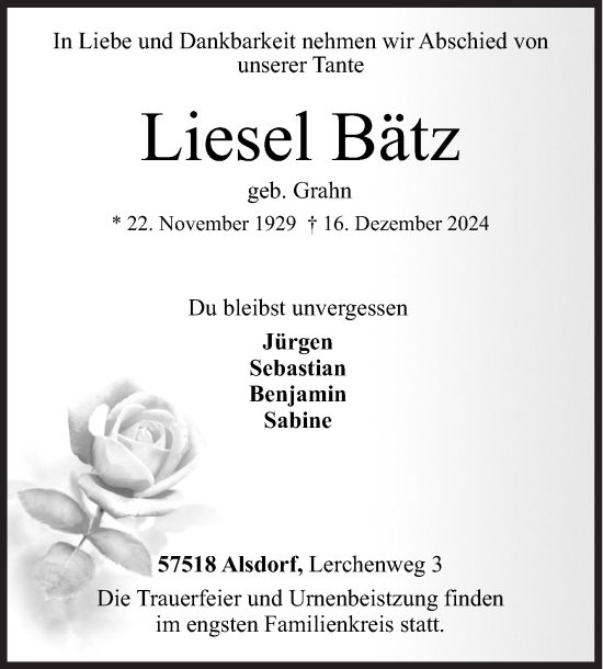 Traueranzeige von Liesel Bätz von Siegener Zeitung