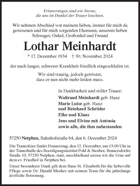 Traueranzeige von Lothar Meinhardt von Siegener Zeitung