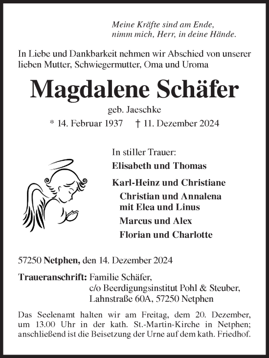 Traueranzeige von Magdalene Schäfer von Siegener Zeitung