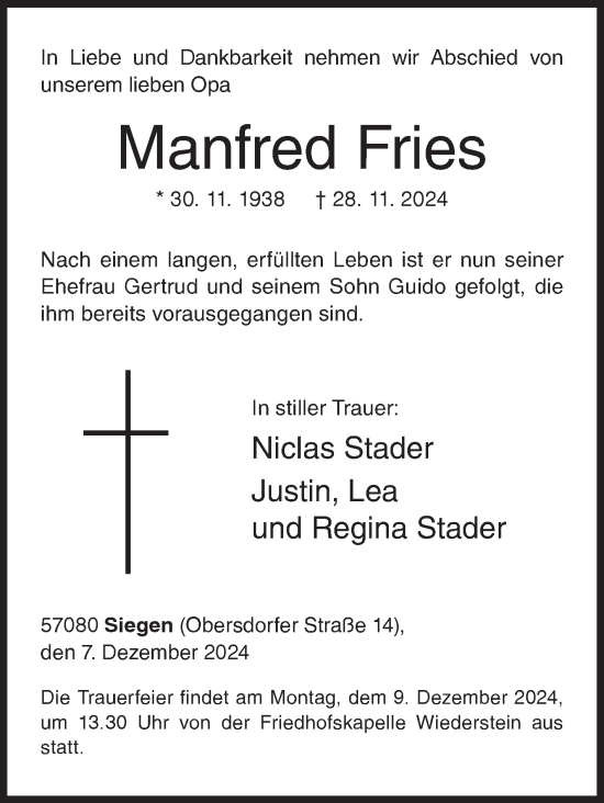 Traueranzeige von Manfred Fries von Siegener Zeitung
