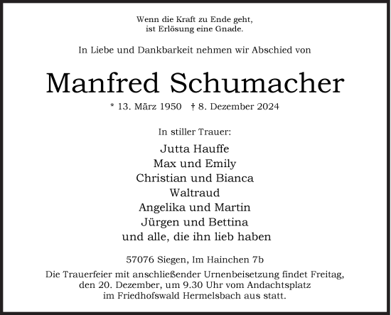 Traueranzeige von Manfred Schumacher von Siegener Zeitung