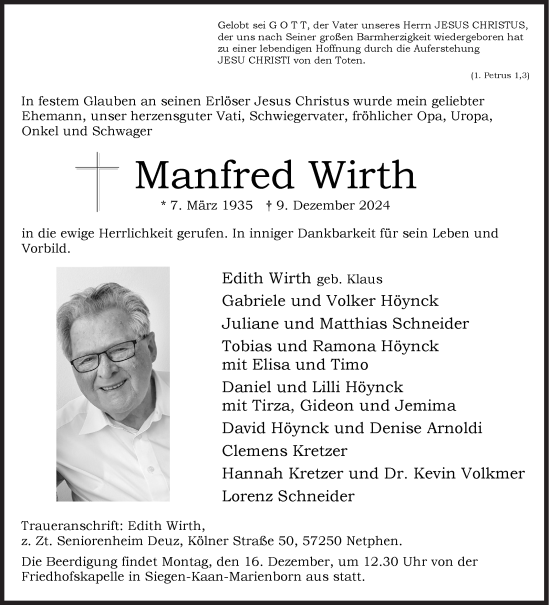 Traueranzeige von Manfred Wirth von Siegener Zeitung