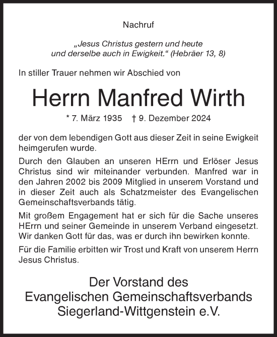 Traueranzeige von Manfred Wirth von Siegener Zeitung