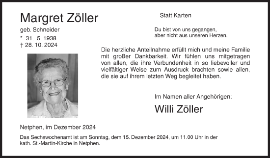 Traueranzeige von Margret Zöller von Siegener Zeitung