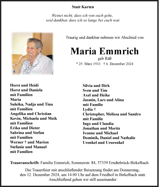 Traueranzeige von Maria Emmrich von Siegener Zeitung