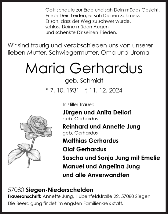 Traueranzeige von Maria Gerhardus von Siegener Zeitung