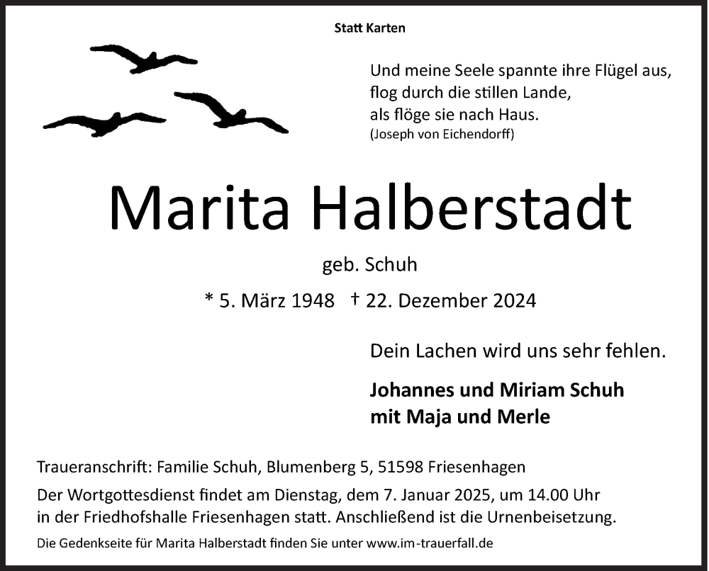  Traueranzeige für Marita Halberstadt vom 28.12.2024 aus Siegener Zeitung