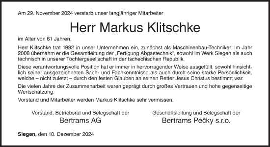 Traueranzeige von Markus Klitschke von Siegener Zeitung
