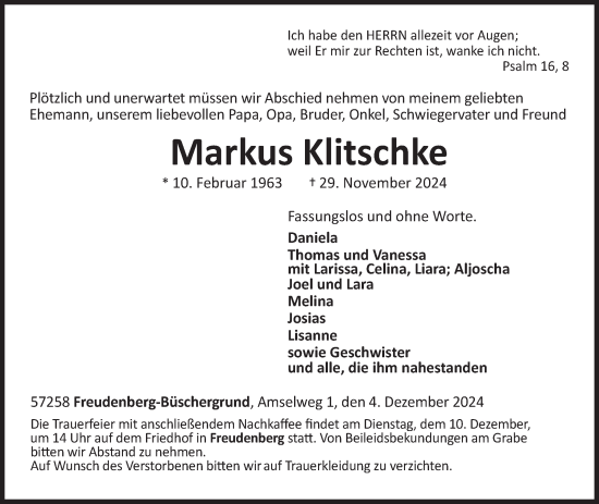 Traueranzeige von Markus Klitschke von Siegener Zeitung