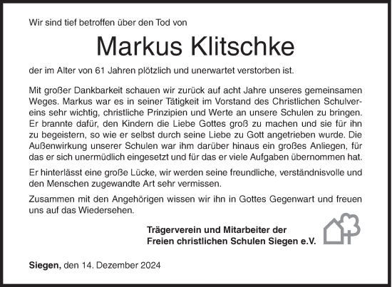Traueranzeige von Markus Klitschke von Siegener Zeitung