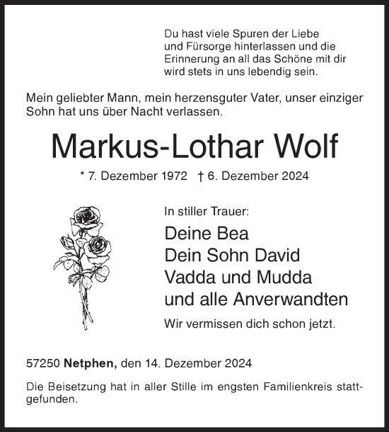 Traueranzeige von Markus-Lothar Wolf von Siegener Zeitung