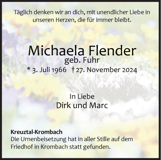 Traueranzeige von Michaela Flender von Siegener Zeitung