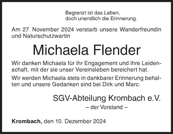 Traueranzeige von Michaela Flender von Siegener Zeitung