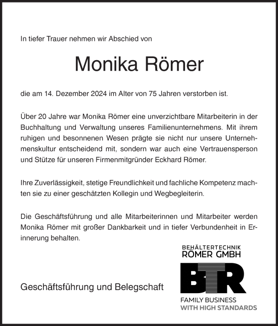 Traueranzeige von Monika Römer von Siegener Zeitung
