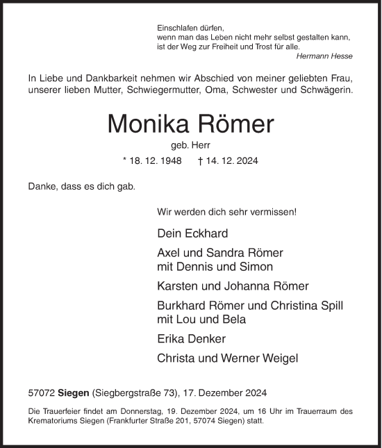 Traueranzeige von Monika Römer von Siegener Zeitung