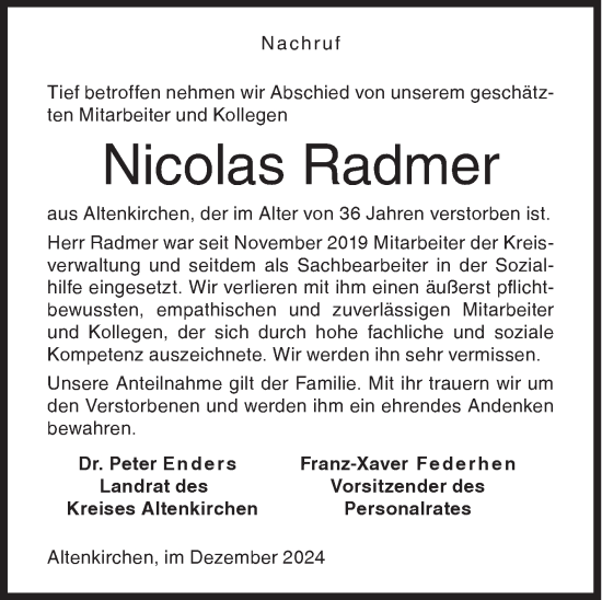 Traueranzeige von Nicolas Radmer von Siegener Zeitung