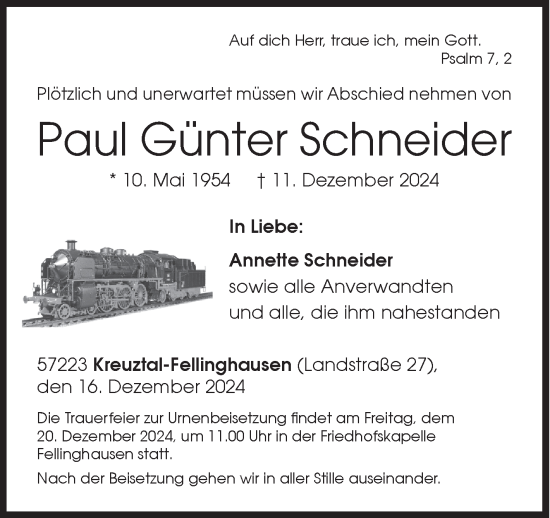 Traueranzeige von Paul Günter Schneider von Siegener Zeitung