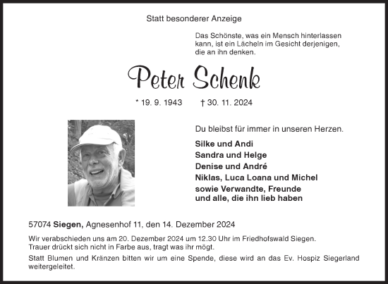 Traueranzeige von Peter Schenk von Siegener Zeitung