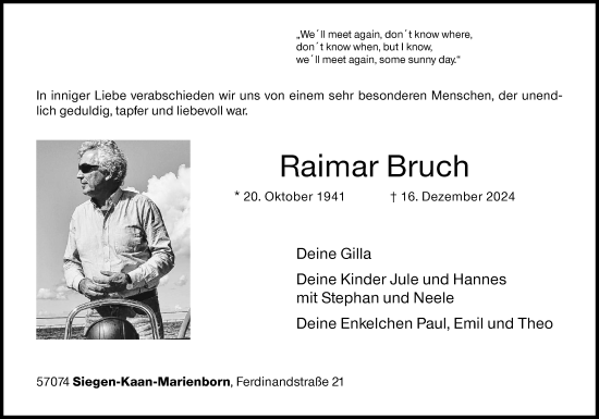 Traueranzeige von Raimar Bruch von Siegener Zeitung