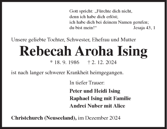 Traueranzeige von Rebecah Aroha Ising von Siegener Zeitung