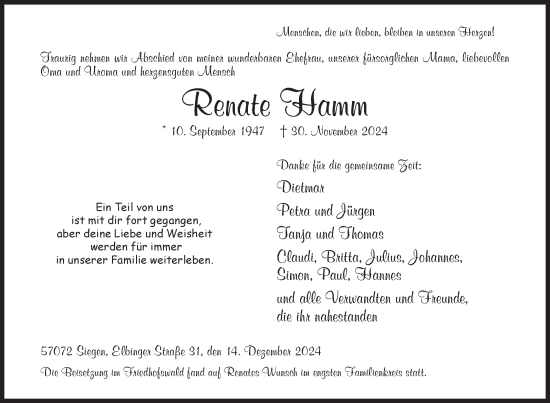 Traueranzeige von Renate Hamm von Siegener Zeitung