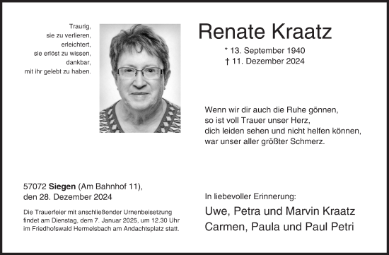 Traueranzeige von Renate Kraatz von Siegener Zeitung