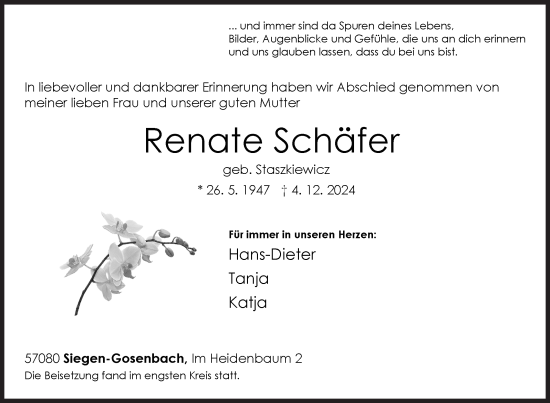 Traueranzeige von Renate Schäfer von Siegener Zeitung