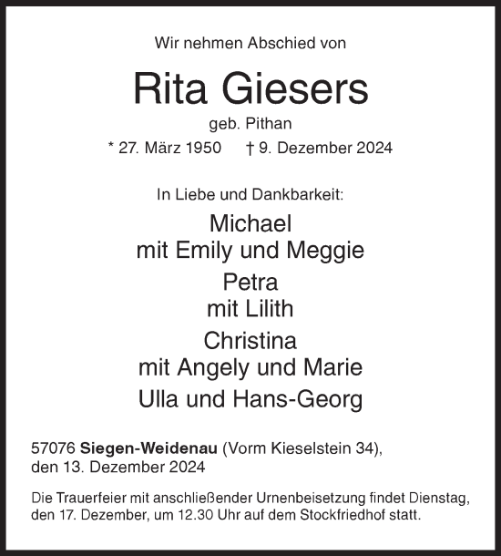 Traueranzeige von Rita Giesers von Siegener Zeitung