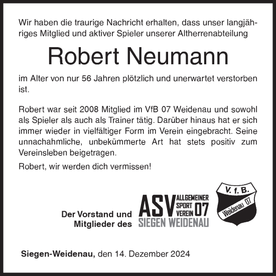 Traueranzeige von Robert Neumann von Siegener Zeitung