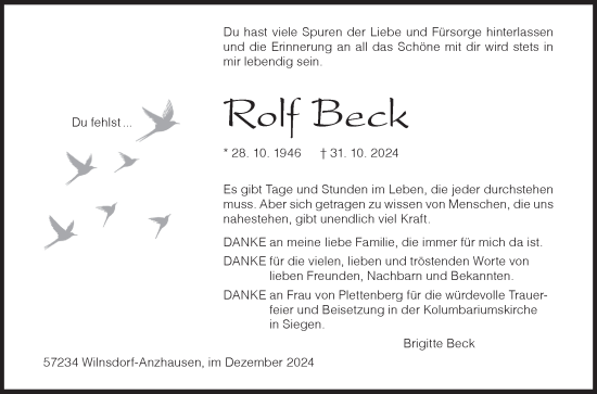 Traueranzeige von Rolf Beck von Siegener Zeitung