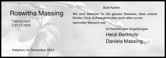 Traueranzeige von Roswitha Massing von Siegener Zeitung