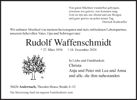 Traueranzeige von Rudolf Waffenschmidt von Siegener Zeitung