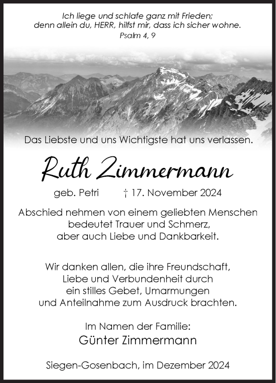Traueranzeige von Ruth Zimmermann von Siegener Zeitung