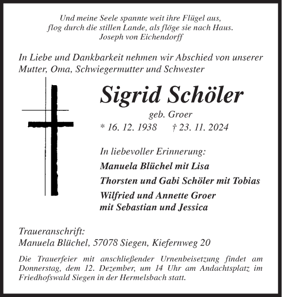 Traueranzeige von Sigrid Schöler von Siegener Zeitung