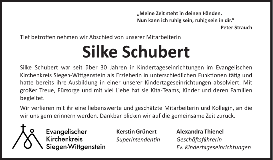 Traueranzeige von Silke Schubert von Siegener Zeitung