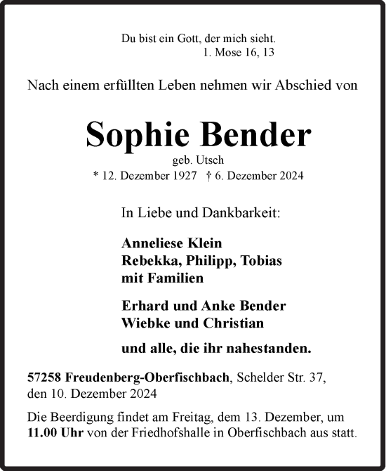 Traueranzeige von Sophie Bender von Siegener Zeitung